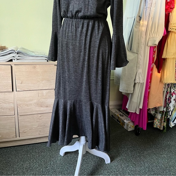 JOE FRESH Grey Long-Sleeve Jersey Stretch Modest Dress Ruffle Hem Bell Sleeve S - Picture 9 of 16